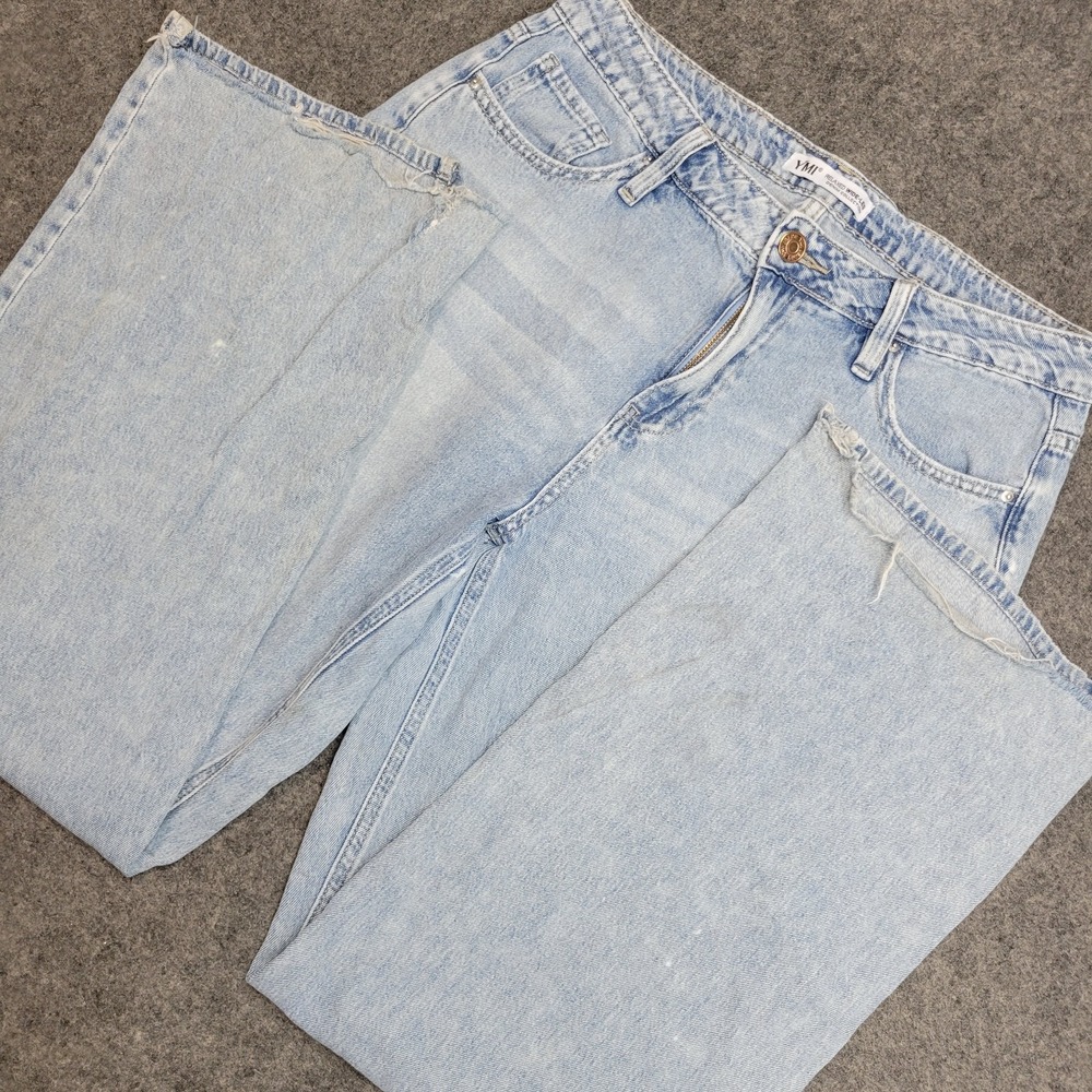 YMI Jeans Womens 7/28 Blue Denim Collection Streetwear Relaxed Wide Leg Raw Hem